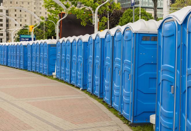 a line of portable restrooms set up for a wedding or special event, ensuring guests have access to comfortable and clean facilities throughout the duration of the celebration in Panorama City CA